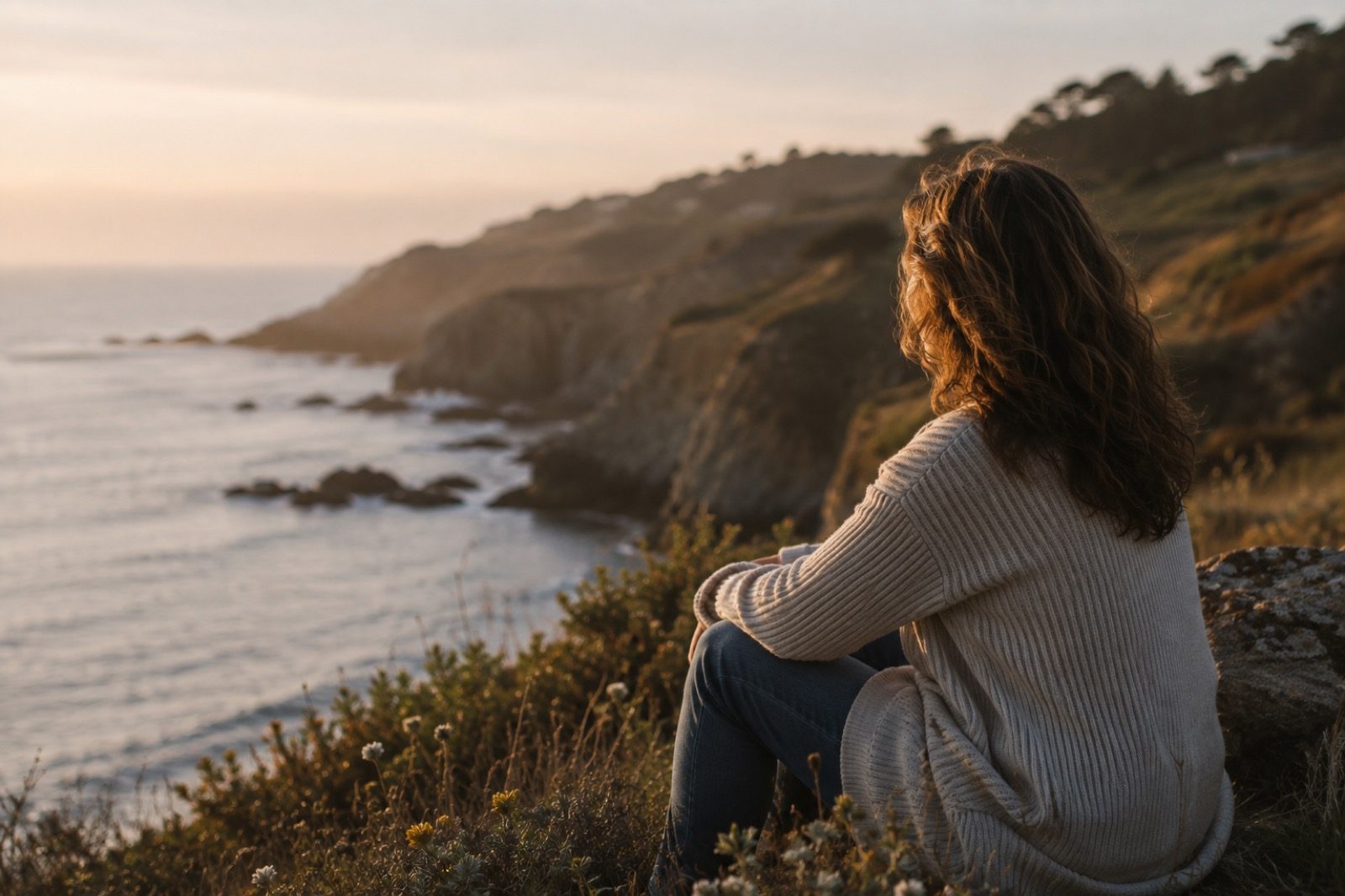 A woman with wavy hair sitting on a coastal cliff, looking out over the ocean at sunset